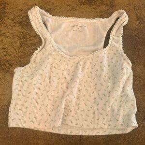 White abercrombie crop top tank with blue and green floral designs, size M